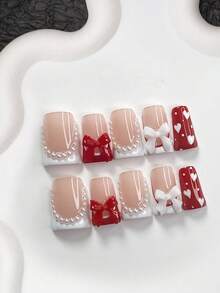 10pcs French Manicure Gel Nail Kit, Acrylic Press-On Nails, 3D Red & White Bow Nail Decor, White Rhinestone Trim Design, Hand-Painted Asymmetrical White Heart, Polka Dot Nail Art, White & Red Nail Polish Nail Supplies - Nhiều màu - Xem 12