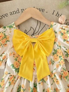 2-7岁女童法式碎花连衣裙，露背设计，配黄色大蝴蝶结，泡泡袖公主裙，荷叶边下摆，儿童节日连衣裙 - 彩色 - 查看 5