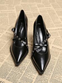 Zapatos de tacón alto de moda para mujer, nuevos para primavera 2025, de oficina. Zapatos casuales de punta puntiaguda de unicolor negro/marrón, elegantes y minimalistas con tacón grueso de alta calidad. Adecuados para pantalones de pierna ancha y vestidos. - Negro - Ver 3