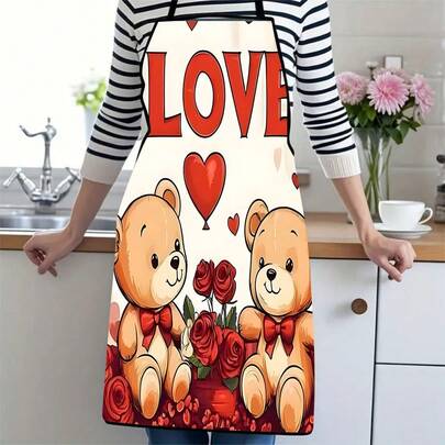 1PC Valentine's Day Themed Apron With Two Teddy Bears Holding Red Roses And Heart Balloons Love Design For Romantic Kitchen Cooking Baking Festive Party Supplies