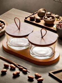 1 Set New Chinese Style Wooden Glass Dried Fruit Plate With Lid, Grid Snack Storage Jar, Comes With Wooden Tray - Brown - View 17