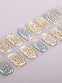 16片半固化凝胶美甲贴纸，优雅渐变星月闪粉美甲贴纸，适合秋冬季节，打造精致美甲，沙龙品质，时尚美甲用品，适合女性和女孩在假期、居家和约会中使用。