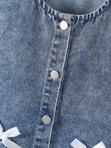 1 pezzo Vestito di jeans vintage con fiocco in vita, design alla moda coreano, minimalista e carino, adatto per ragazze pre-adolescenti per uso esterno o quotidiano, comodo, primavera - Lavaggio chiaro - Visualizzare 5
