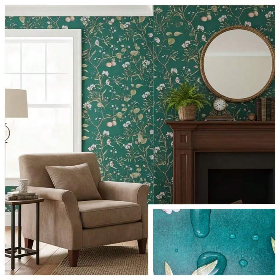 1卷复古风格深绿色花鸟图案自粘墙纸，采用PVC防水材料制成，耐脏、耐刮擦，易于维护。可撕贴，无需胶水或专业人员即可自行安装。