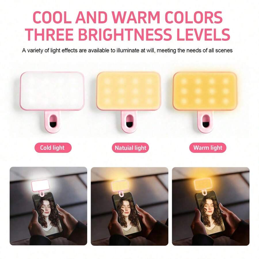 buguangdeng Cold And Warm Dual Color Temperature 1pc Mini Pocket Fill Light With 1 Clip, 3 Brightness Levels, Portable & Compact, Suitable For Smartphone, Camera, Laptop, Photography, Video Call, Makeup, Lighting, Built In 200mAh Battery Women's Day Gift - Charging Model - View 1