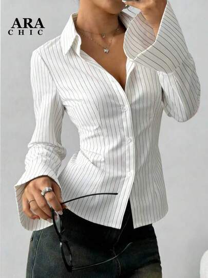 ARA CHIC Women's Black & White Striped Flare Sleeve Collared Shirt, Waist Cinched Elegant Office Blouse, 2026 Spring New Arrival