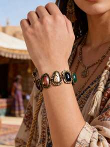 ZAA Bohemian Imitation Stone Bracelet, Retro Style, Niche Cat Eye Bracelet, Asymmetrical Design, Personalized Design Accessories, Dark Brown Bracelet, Women's Jewelry