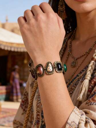 ZAA Bohemian Imitation Stone Bracelet, Retro Style, Niche Cat Eye Bracelet, Asymmetrical Design, Personalized Design Accessories, Dark Brown Bracelet, Women's Jewelry