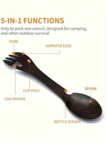 五合一战术叉勺及开瓶器套装 - 重型不锈钢露营餐具，包含叉子、刀子、开罐器和勺子 - 轻便便携设计
