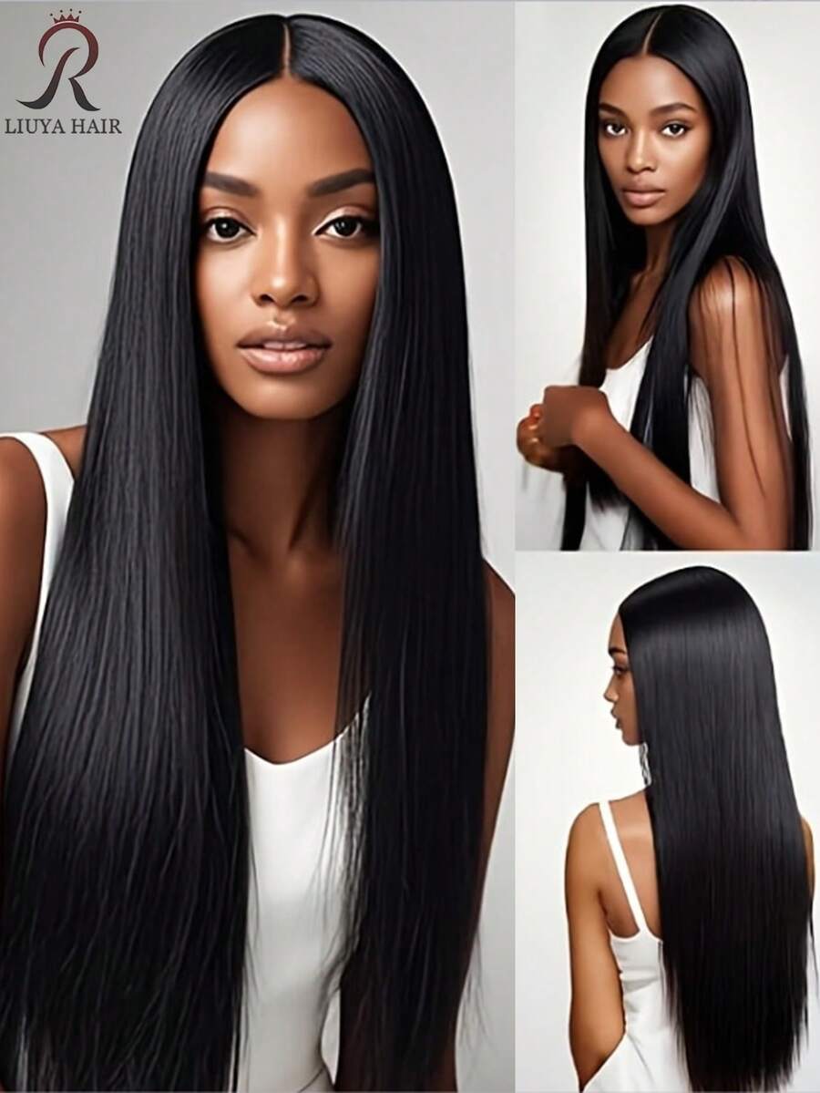 Elegante 28-Zoll natürliche schwarze gerade synthetische Perücke für Frauen - Mittelscheitel, hohe Dichte, hitzebeständige Faser, perfekt für den täglichen Gebrauch und Partys, hochwertig - Schwarz - Übersicht 1