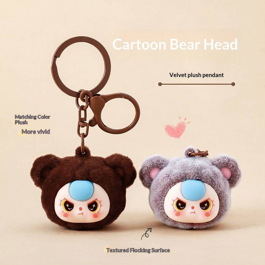 1pc 2026 New Cute Cartoon Flocked Small Bear Head Keychain, Creative Gift, Bag Pendant, Small Accessory - Perfect Gift, Holiday Gift, Interesting Gift - Multicolor - View 1