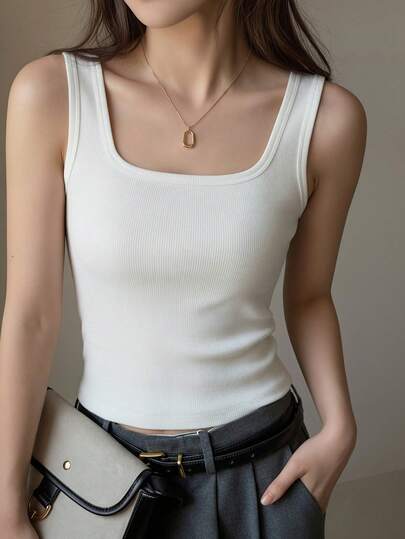 Women's Slim Fit Ribbed White Tank Top - U-Neck Sleeveless T-Shirt, Soft & Comfortable, Casual Daily Wear