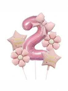 6pcs/Set Pink Number & Bow Tie Party Balloons, With Daisy, "Happy Birthday" And Star Foil Balloons, Suitable For Birthday Party, Celebration, Anniversary, Festival, Backdrop, Outdoor Party Decor, Photo Prop, Baby Shower - Multicolor - View 4