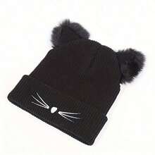 Women's Anime Cat Ear Beanie |   Soft Acrylic Elastic Winter Hat With Drawstring, Cute Pupil Design |   Ideal For Cosplay, Casual Wear & Valentine's Day Gifts - Black - View 2