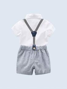2 件套男婴绅士装 - 白色衬衫、灰色吊带裤搭配海军蓝领结，适合生日派对、婚礼、洗礼、1 岁生日