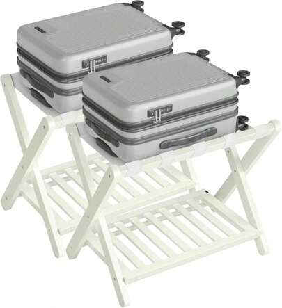 SONGMICS Solid Wood Luggage Racks, Set Of 2, No Assembly Required, Foldable Suitcase Stand, Luggage Holder, With Storage Shelf, For Guest Room, Hotel, Bedroom, Cream White URLR021WZ02S