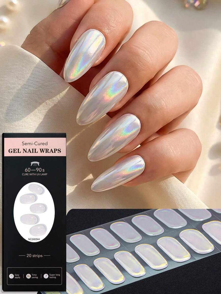 20片半固化凝胶美甲贴纸，动态全息金属水晶美甲贴纸，极光白、浅蓝、金属紫设计，柔软动感，沙龙品质，需配合UV灯使用，易于粘贴和卸除，适合节日派对和音乐节，女性和女孩可以轻松打造吸睛美甲。