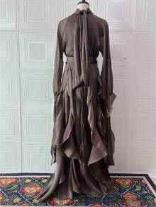 Vestidos Elegantes De Mujer,Women's Elegant And Stylish Ruffled Fitted Dress - Cà phê - Xem 2