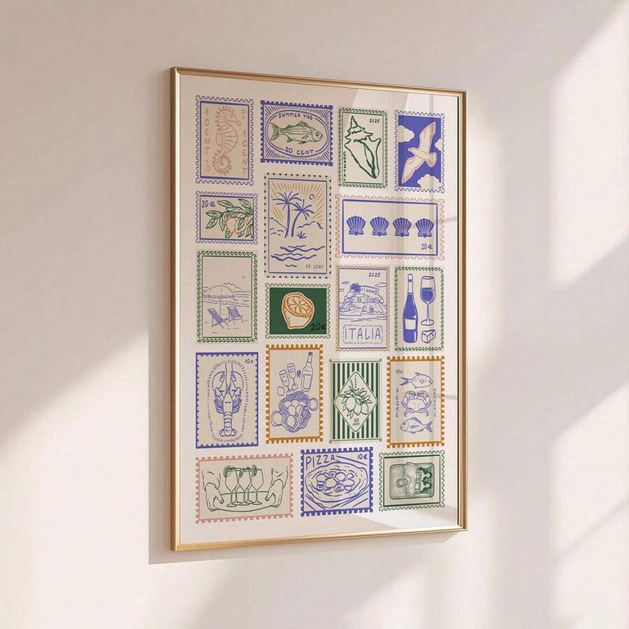 1 tấm tranh in trên vải canvas hình tem Ý cổ điển, phong cách tối giản ven biển Địa Trung Hải, thích hợp trang trí nhà ven biển, căn hộ, phòng khách, phòng ngủ, nhà hiện đại. - Nhiều màu - Xem 1