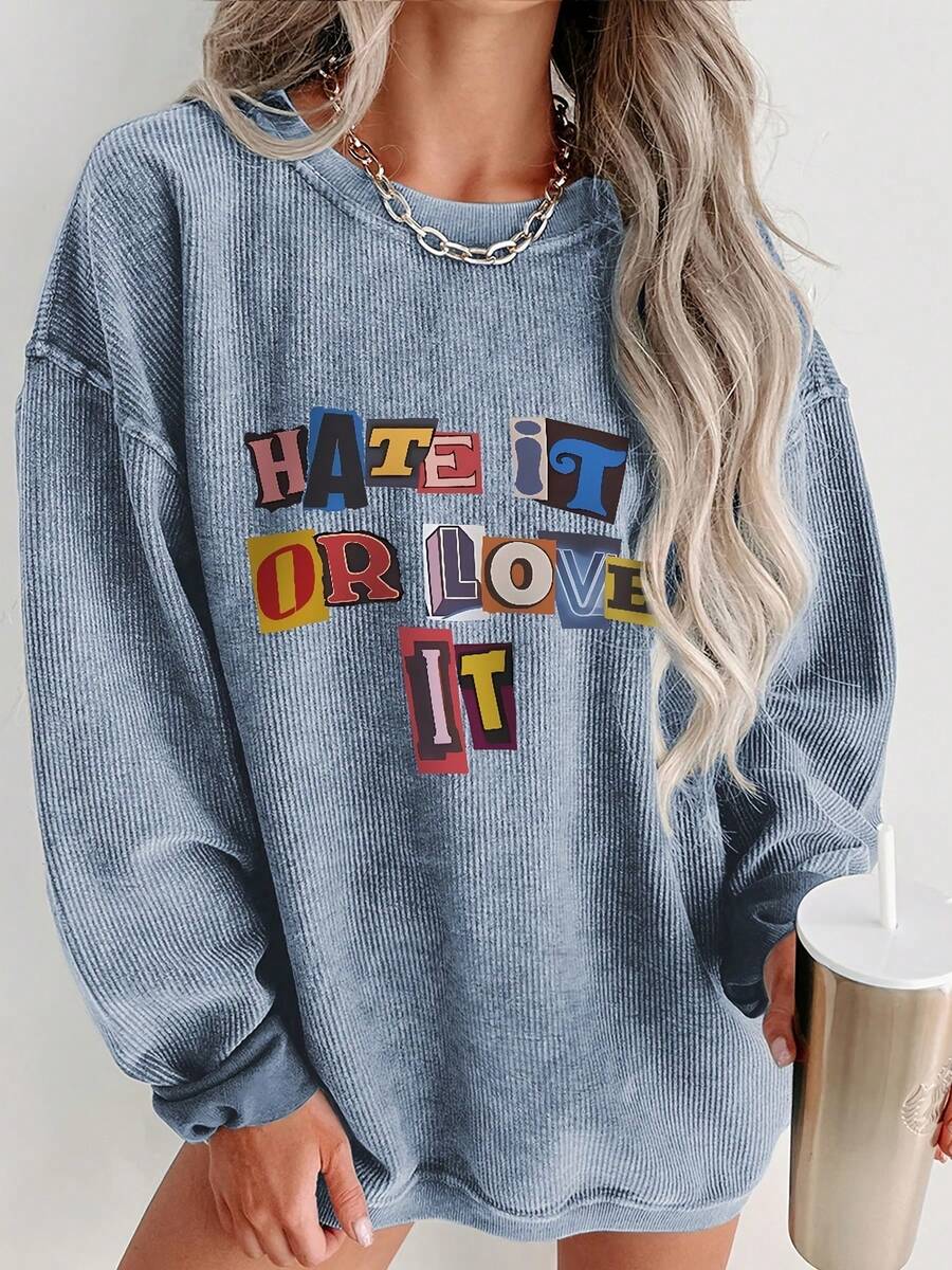 Valentine Outfits For Women, HATE IT Or LOVE IT Graphic, Oversized Long Sleeve Sweatshirt, Y2K, Streetwear, Casual Everyday, Playful Statement, Essentials Hoodie,Summer Outfits For Women,Spring Tops - 藍色 - 查看 1
