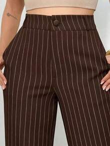 LIN SERVIÇOS, REF: H932 - Women's Striped High-Waisted, Wide-Leg Trousers, Ideal For Casual And Formal Looks. Lightweight, Stylish And Elegant, They Offer Comfort And Sophistication For Various Occasions. - 巧克力棕 - 查看 5