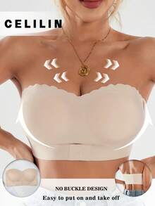 1pc Women's Strapless Push-Up Bandeau Bra - No Underwire, Removable Padding, High Lift & Seamless Design With Ruffled Edges & Front Closure, Soft Comfortable Everyday & Special Occasion Elegant Lingerie, Washable (Light Beige) - 杏色 - 查看 3