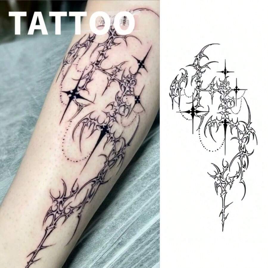 Glow-In-The-Dark Cross & Star Temporary Tattoos, 1-2 Weeks, Suitable For Halloween & Parties, Eye-Catching Body Art, Unique Expression, Delicate Design, High-Quality Ink,