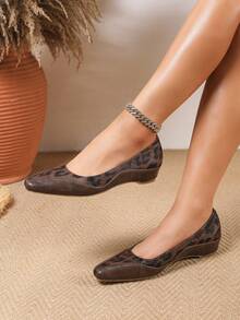 Solid Color Pumps, Fashion Leopard Print Outer, Versatile High Heel Chunky Heel Suede Women Shoes For Work & Office, Spring/Autumn - Brown - View 1