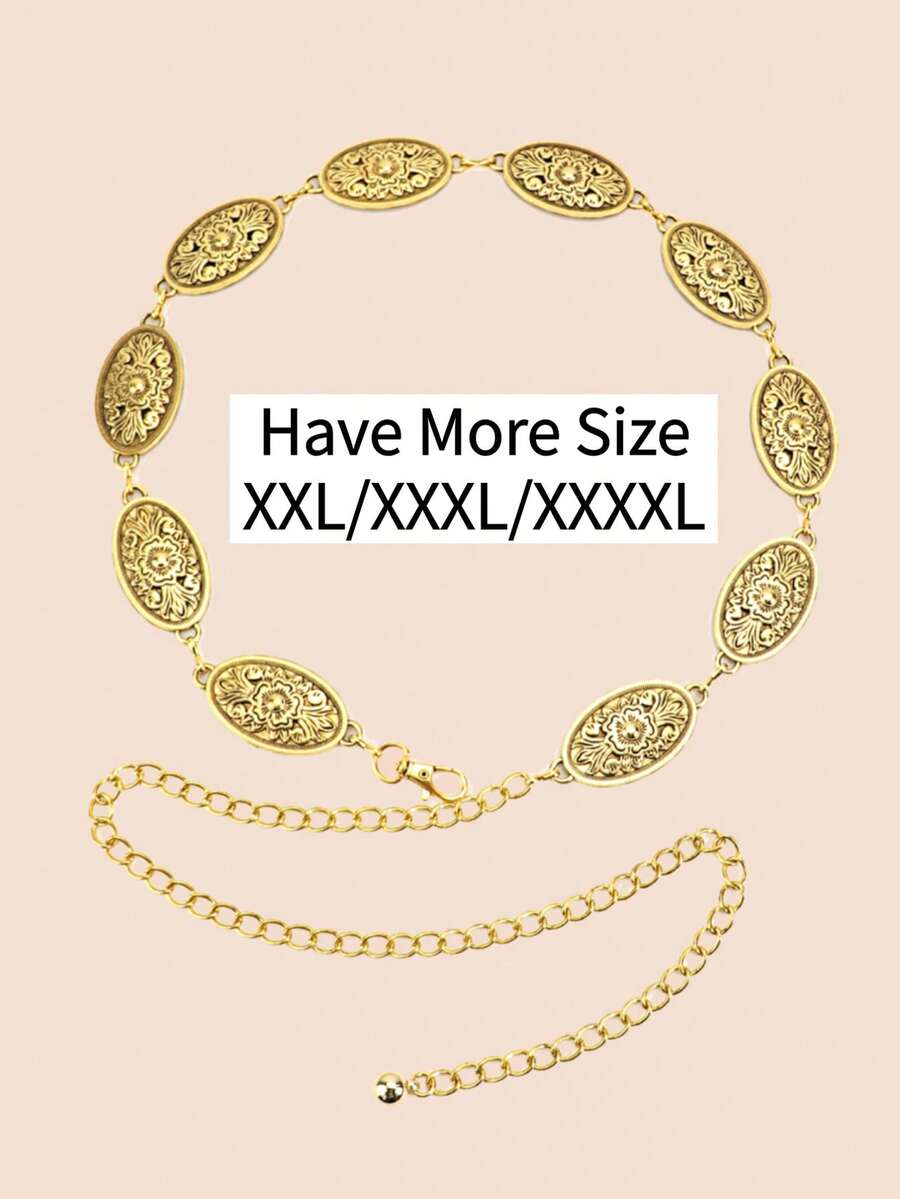 1件加大码/超大码女士复古花卉雕刻纹理金属腰链腰带，适合西式、圣诞节、新年等场合 - 金色 - 查看 1