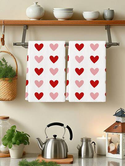 2pcs Super Soft Microfiber Kitchen Towels, Valentine's Day Pink Heart Pattern Tea Towels, Suitable For Breakfast/Lunch Table And Daily Kitchen Decor