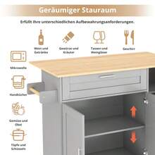 Large Mobile Kitchen Table (L 132.5 X W 44(70) X H 90 Cm), Folding Worktop, Oak Finish, Multifunctional Unit With Spice Rack And Towel Rack, 5 Casters, Ideal For The Kitchen, Dining Room Or Home. - Grey - View 9