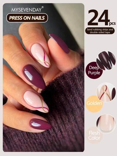 24 Pieces Press On Nails Almond/Color Blocked Deep Purple Striped Printed Nail Art Pieces Enhance Your Temperament When Used/Comes With Jelly Glue And Rubbing Strips Suitable For Aggregation, Reusable For Daily Use