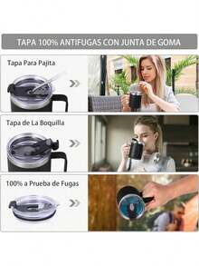 Volhoply - Taza de café con asa de acero inoxidable y aislamiento hermético, con tapa corrediza y popote, mantiene el frío y el caliente, tazas de campamento, 2 piezas, 355 ml, blanco - Negro - Ver 4