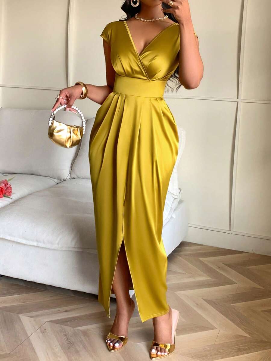 AIJ Amarilo 女士新款秋冬优雅派对、晚宴、婚礼、情人节金色V领褶皱缎面泡泡裙 - 薑色 - 查看 1