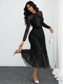Women's Elegant, Sexy, Romantic, Retro Polka Dot Double-Layer Bow Dress, Suitable For Commuting, Dating And Vacation - Black - View 7