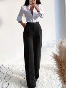 Women's High Waist Elegant Zipper Closure Pants, Suitable For Commuting, Outings And Daily Wear, Spring/Summer - Black - View 3