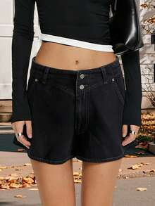Women Loose Fit Denim Shorts Elegant Double Button Closure Summer Mini Shorts For Beach Daily Wear - màu đen - Xem 4