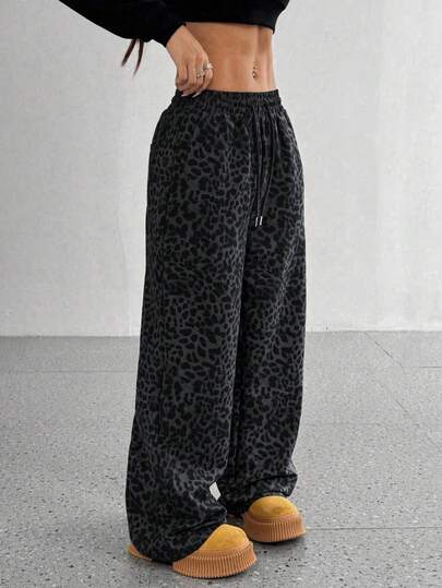 Pantalones anchos de mujer con estampado de leopardo, cintura con cordón, de uso casual y suelto. Se pueden usar en primavera, otoño, verano e invierno como pantalones diarios, pantalones rectos, pantalones casuales y pantalones para vacaciones de mujer.