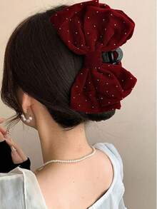 1 chiếc kẹp tóc nơ hai lớp cỡ lớn màu trơn đính đá nhung dành cho nữ, thanh lịch, ngọt ngào, thời trang cho trường học, tiệc tùng, khiêu vũ, phụ kiện tóc thời trang hàng ngày, kẹp tóc thanh lịch, kẹp tóc cài hàm, kẹp tóc mùa hè. - Màu Đỏ Sâu - Xem 1