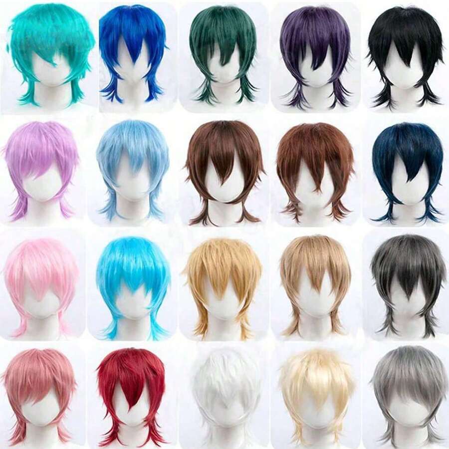 Rambut Sintetis Pendek Lurus Hitam Merah Muda untuk Pesta Anak Laki-laki, Tahan Panas, Rambut Palsu Tipe Mullet Kepala Ikan, Wig Cosplay Pria - MultiWarna - View 1