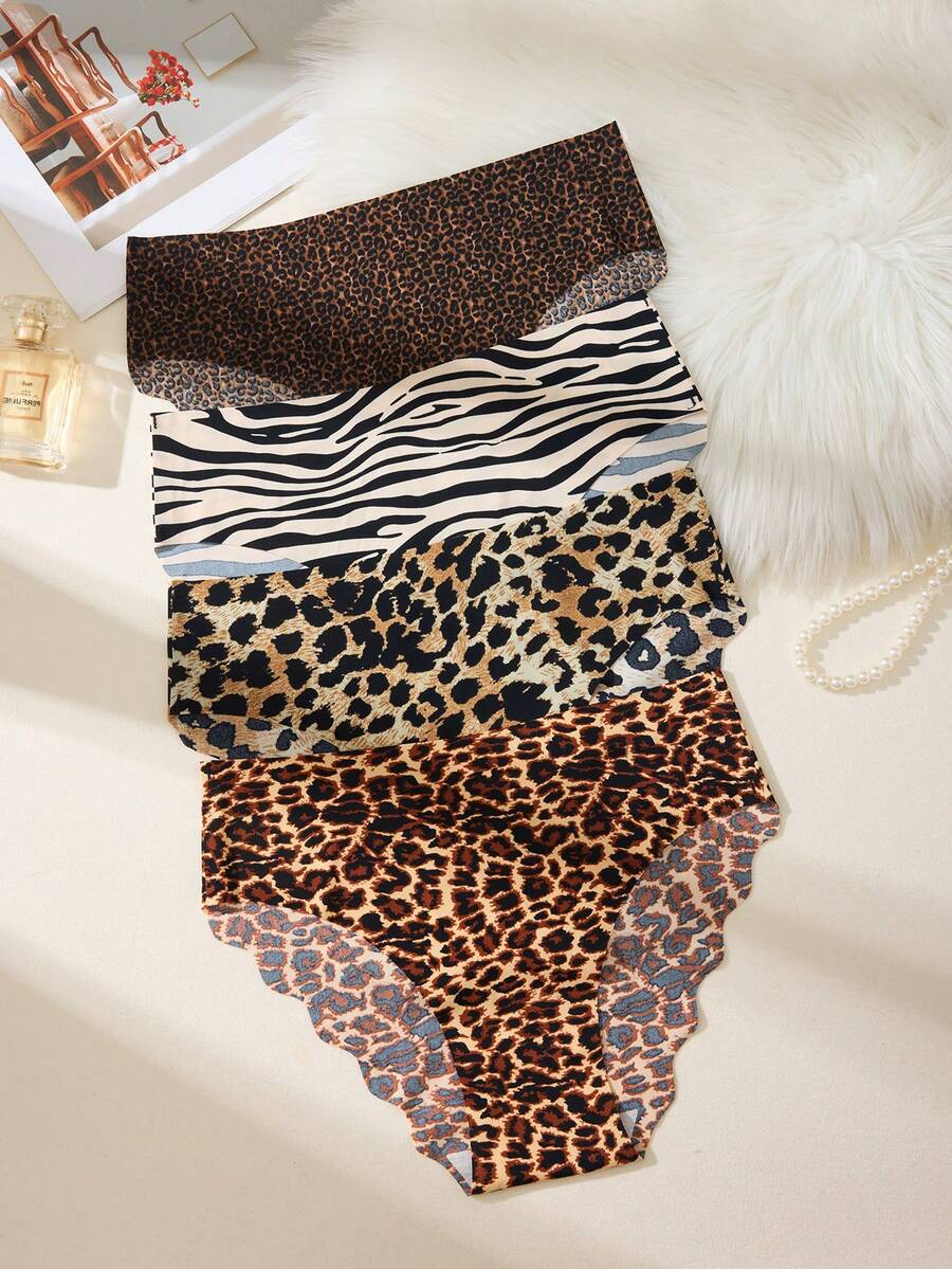 4条装 - 女士豹纹无缝内裤，波浪边饰，优雅时尚内衣 - 彩色 - 查看 1