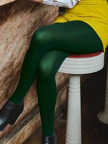 1 Pair Women's Dark Green Velvet Tights - High Elasticity, Contouring Leg Lines, Elegant And Comfortable, Suitable For Party And Casual Wear. Solid Color, . - Dark Green - View 1