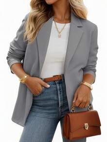 Womens Casual Knit Blazer Long Sleeve Open Front Stretchy Work Office Jacket With Pockets - Dark Grey - View 1