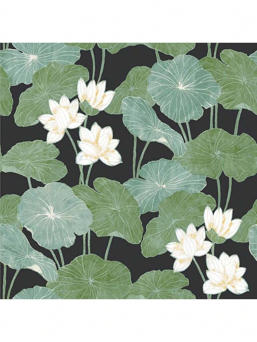 Papel pintado de lirio beige y verde, rollo - Negro/Verde - Ver 1