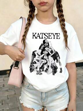 KATSEYE Black And White Shadow Print T-Shirt, KATSEYE Girl Group Print Girl Clothes, Suitable For Children Aged 4-12 New Year's Birthday Gift Shirts. This Comfortable And Breathable Short-Sleeved T-Shirt Is Perfect For Teenage Girls Gift From KATSEYE Group, Ideal For School And Home Wear