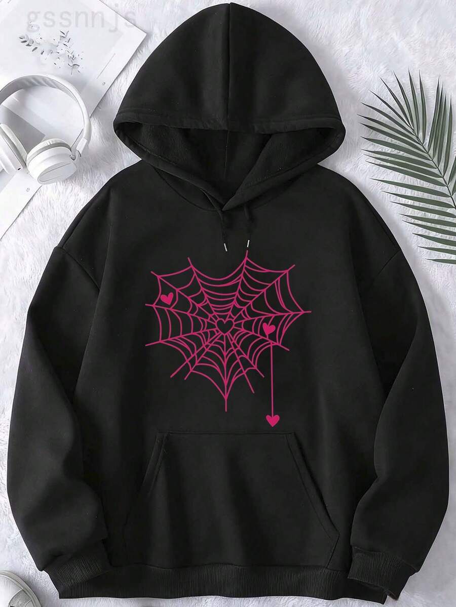 Men's Women's Love Spider Web Hoodies Sweatshirts - Long Sleeve, Knit Fabric, Relaxed Fit, Full Size, Fashionable Graphic Print, Perfect For Casual Outings And Daily Wear - 黑色 10 - 查看 1