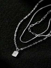 3pcs/Set Square Paperclip Box Chain & Shiny Cubic Zirconia Rectangle Pendant Necklace Set (Random Chain Clasp Quantity) - Silver - View 5