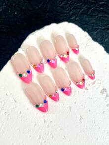 10 Peças Unhas Postiças Curtas Feitas à Mão com Bolinhas, Para Festa e Uso Diário, Strass 3D, Para Meninas, Fácil de Usar. 10 Peças Unhas Postiças Feitas à Mão Estilo Y2K, Gemas Artificiais Brilhantes, Estilo Primavera e Verão, Adequado para Meninas e Mulheres em Festivais, Festas e Uso Diário (Observação: A Cor dos Acessórios é Aleatória) - Rosa chiclete - Visão 1