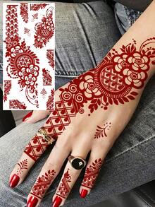1 张斋月吉祥红棕色指甲花吊坠临时纹身贴纸，适用于女性手部，新月藤蔓图案，斋月假纹身，手指脚部曼陀罗吊坠贴花，伊斯兰教穆斯林开斋节配饰 - 棕色 - 查看 4