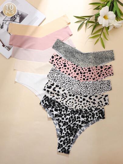 10 pezzi Mutande leopardate senza cuciture con vita a V, tessuto confortevole e amichevole per la pelle, biancheria intima da donna